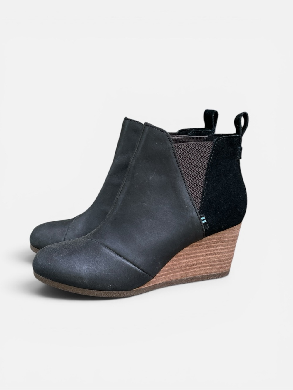 TOMS Kelsey Wedge Boots in Black Leather/Suede Women’s Size 6 1/2